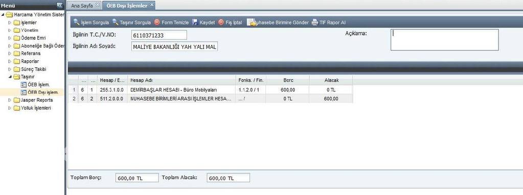 5- Muhasebe birimine gönderilecek olan TİF numarası çift tıklandığında veya ilgili TİF tıklanarak Seç butonu kullanıldığında, ilk ekranda