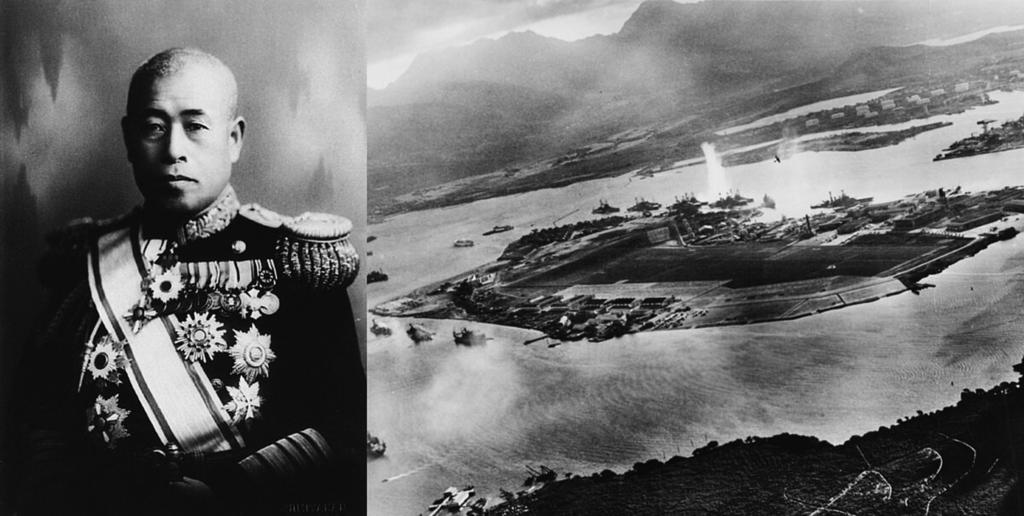 Solda Amiral Admiral Isoroku Yamamoto. Sağda Pearl Harbor Saldırısı sırasında bir Japon uçağından çekilen görüntü. Yamamoto, 1916 yılında evlat edinildi.