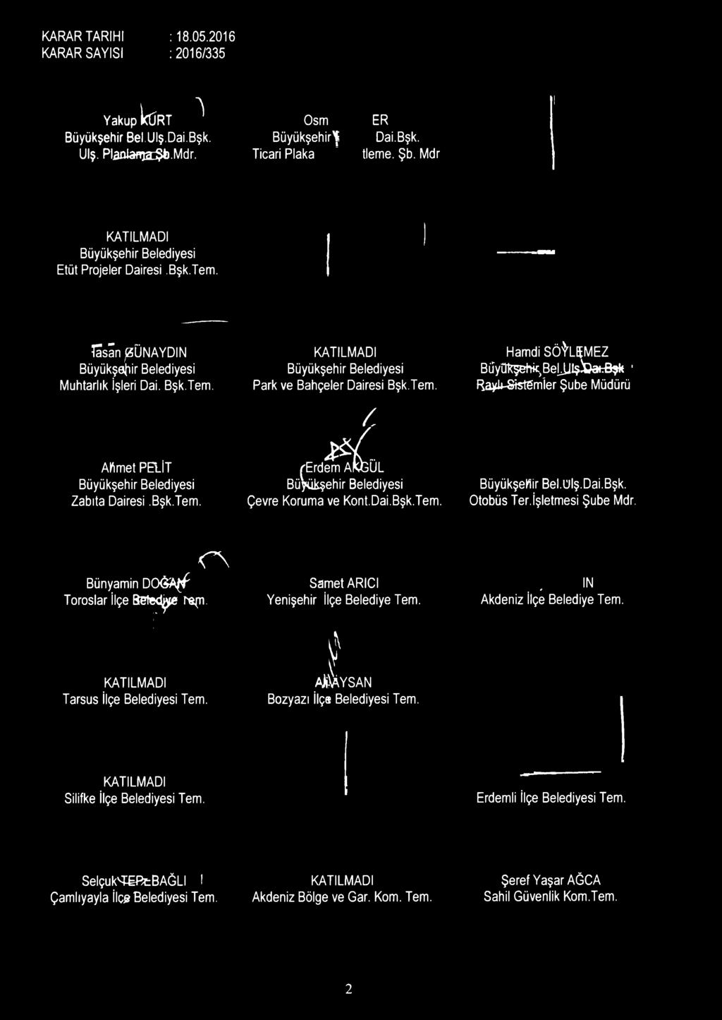 Bşk.Tem. / & C - l'erdem AfcGÜ AKGUL Çevre Koruma ve Kont.Dai.Bşk.Tem. Büyükşehir Bel.Ulş.Dai.Bşk. Otobüs Ter.İşletmesi Şube Mdr. Bünyamin D O Ğ A ^ Toroslar İlçe Bete e te r e re^rı.