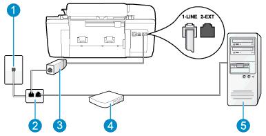 1 Telefon prizi 2 Paralel ayırıcı 3 DSL/ADSL filtresi 4 DSL/ADSL bilgisayar modemi 5 Bilgisayar Yazıcıyla birlikte verilen telefon girişinin bir ucunu, yazıcının arkasındaki 1-LINE bağlantı noktasına