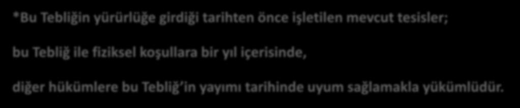 Geçici Madde 1- Mevcut İşleme Tesisleri *Bu Tebliğin yürürlüğe girdiği tarihten önce işletilen mevcut tesisler; bu