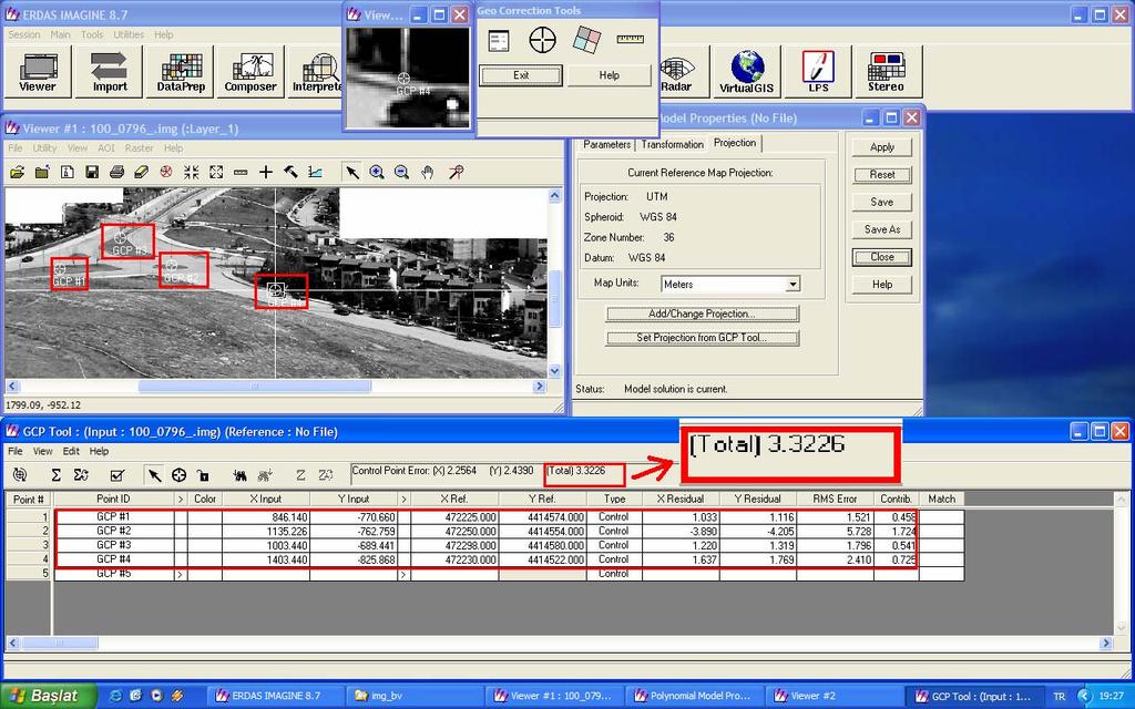 -67- Şekil 6.4 Kontrol Noktalarının Girilmesi İlk aşamasında kamera kalibrasyon parametrelerinin olduğu kütük Erdas Imagine yazılımına girilmiştir.