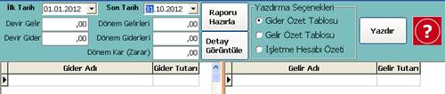 Gider Girişleri: İşletme defteri gider girişlerinin yapıldığı bölümdür. İlk tarih ve son tarih arasındaki kayıt edilmiş bilgiler yüklenir ve bu tarihler arası giriş yapılabilir.