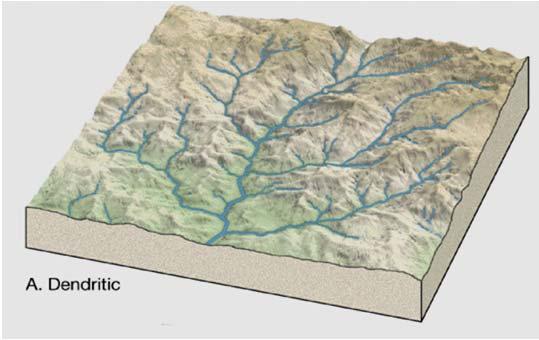 Yatay yapılı sahalar ile zayıf dayanıklılıkta kısımlar içermeyen masif katılaşım kayaçlarından meydana gelen sahalarda drenaj genellikle dandritiktir.