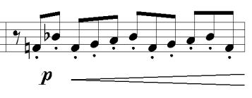 Nota 7: Ferit Tüzün, Esintiler 3. Bölüm de staccato ve marcato artikülasyonlarının kullanıldığı pasajlar (152.-155 ölçüler ve 163. ölçü ve 212.-213.ölçüler arası) 2.