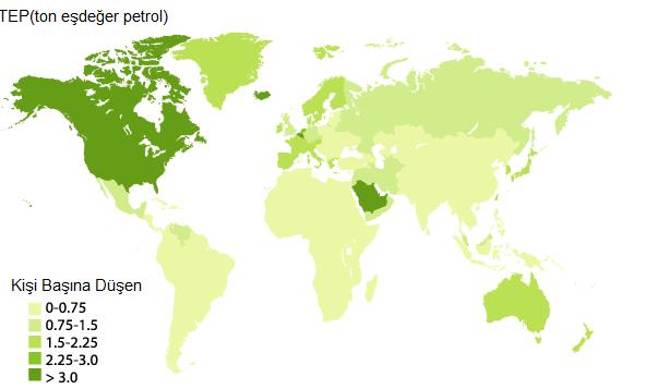 6 : Dünyada Kişi Başına Petrol Tüketimi (BP, 2008) Dünya petrolünün coğrafi durumu ve gelişimi (Şekil 2.5) ile dünyada kişi başına petrol tüketimi (Şekil 2.