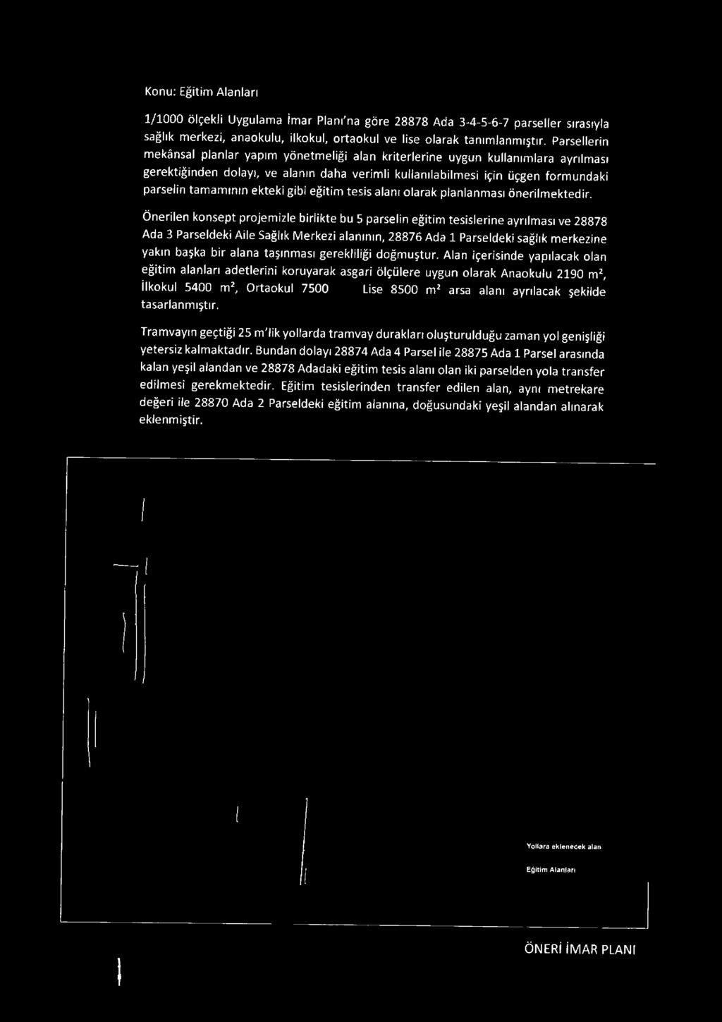 Konu: Eğitim Alanları 1/1000 ölçekli Uygulama İmar Planı'na göre 28878 Ada 3-4-5-6-7 parseller sırasıyla sağlık merkezi, anaokulu, ilkokul, ortaokul ve lise olarak tanımlanmıştır.