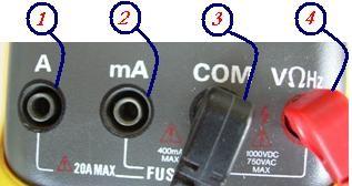C. GĠRĠġLER ġekil 4 GiriĢler Referans ucu (Siyah Kablo) her zaman 3 numaralı giriģe takılır. Akım amper mertebesinde ölçülürken kırmızı kablo 1 numaralı giriģe takılır.