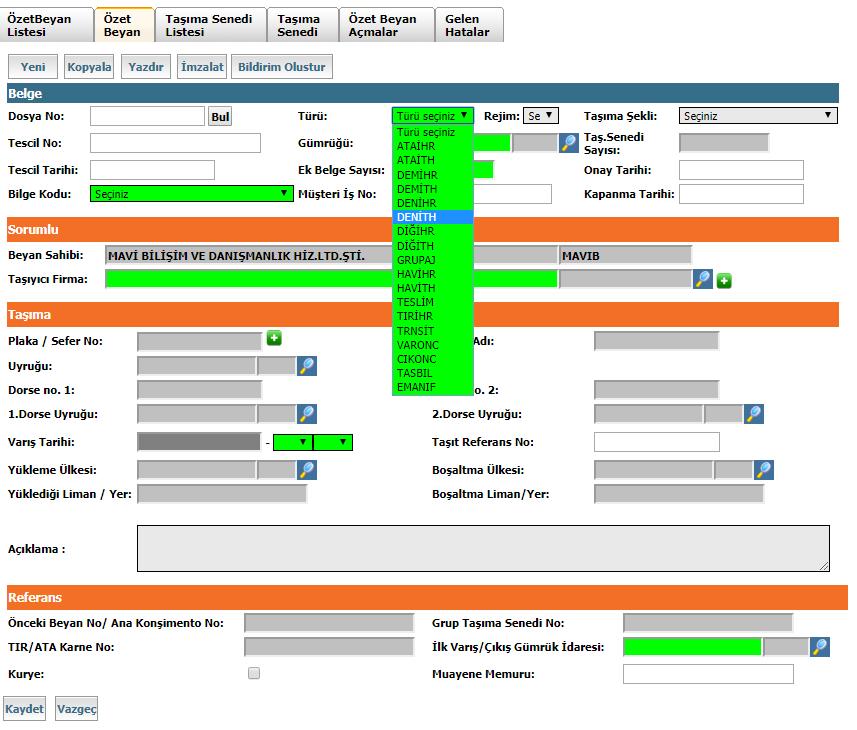 Açılan boş özetbeyan ön yüzünde yeşil alanlar doldurulması zorunlu alanlardır. Tür seçimi ile yazıma başlanılır.