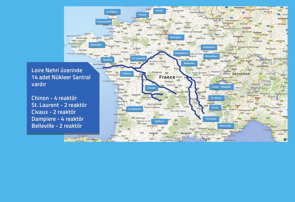 Dünya Kültür Mirası Listesinde Yer Alan Fransa daki Loire Nehri Üzerinde 14 Adet Nükleer Santral Bulunmaktadır 58 adet nükleer reaktörle, kullandığı elektriğin yaklaşık % 75 ini nükleer enerjiden