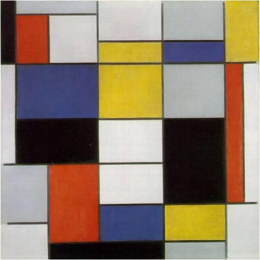 Resim Sanatında Rengin Tarihsel Süreçte İncelenmesi Şekil 14. Piet Mondrian, "Kompozisyon A: Siyah, Kırmızı, Gri, Sarı ve Mavili Kompozisyon, 1920, 91.