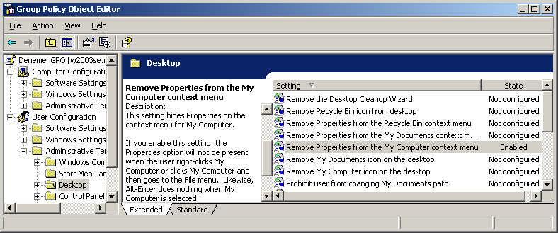 Resim 3.33: Kullanıcılar için GPO düzenleyici (Win 2003 Eng GPO düzenleyici penceresi üç bölümden oluşur.