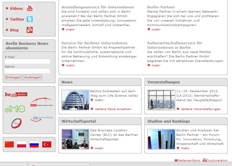 Berlin Partner sitesi Türkçe, Çince, Rusça gibi dil bölgede