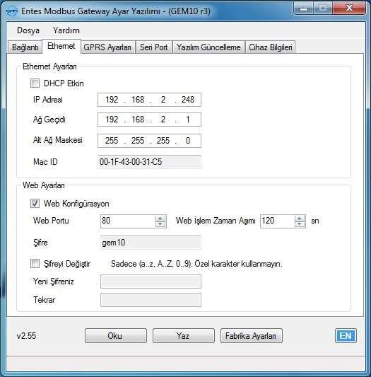 2.2 Ethernet Ayarları (GEM-05 modelinde bu ayar bulunmaz) 2.2.1 DHCP GEM10'un ethernet bağlantısı için IP adresini bir DHCP sunucu üzerinden alacağını belirtir. 2.2.2 IP Adresi Cihazın ethernet bağlantısı için kullanacağı IP adresini gösterir.