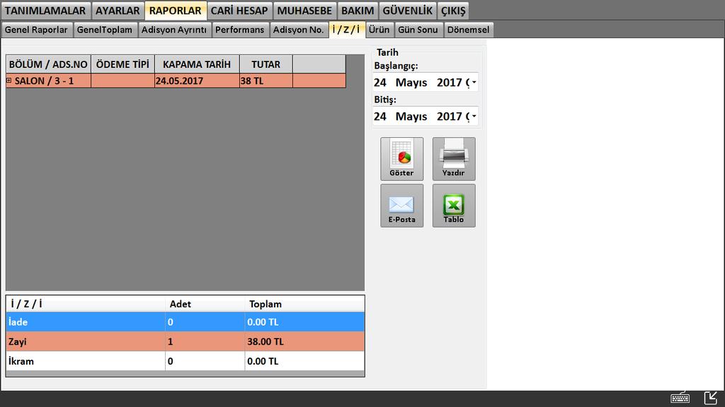 20 İptal/Zayiat/İade raporunda satışı paraya çevrilemeyen ürünlerin takibini yapabilirsiniz. Seçeceğiniz tarih aralığını Göster butonu ile raporu çalıştırabilirsiniz.