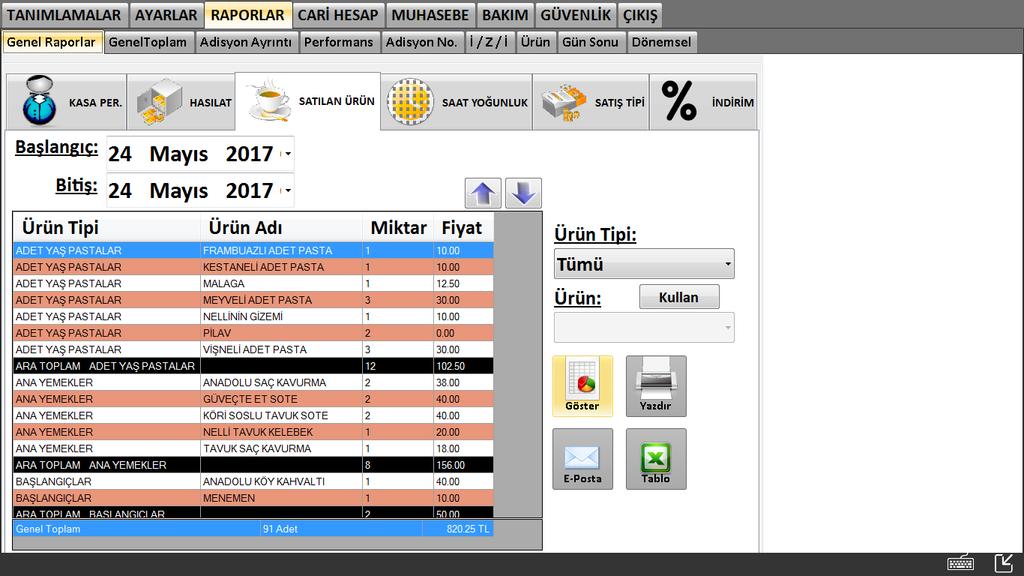 6 Satılan ürün alt başlığında istediğiniz tarih aralığını seçip Göster butonuna tıkladığınızda ürün tipine göre satılan ürün miktarlarını görüntüleyebilirsiniz.