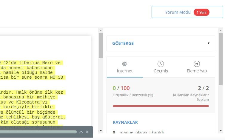 Akademisyenler ve Öğretmenler tarafından eklenen yeni yorumlar intihal taraması yapılan belgelerin report bölümü