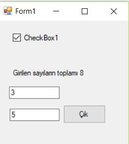 Uygulama 5) Kutu bileşeni CheckBox1 işaretlendiğinde TextBox1 ve TextBox2 bileşenlerinden girilen değerleri toplayan kutu bileşenini gizleyip gösteren kaynak kodları yazınız.