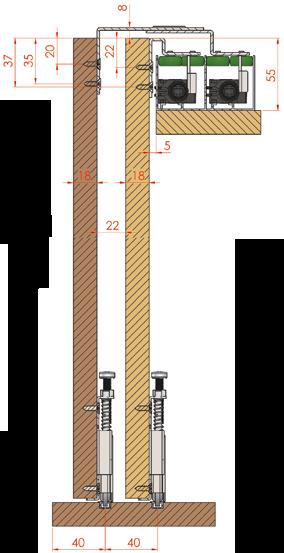 Adjustable sliding door mechanism for 80 kg carrying capacity. Bottom and top bearing wheels for polyamid.