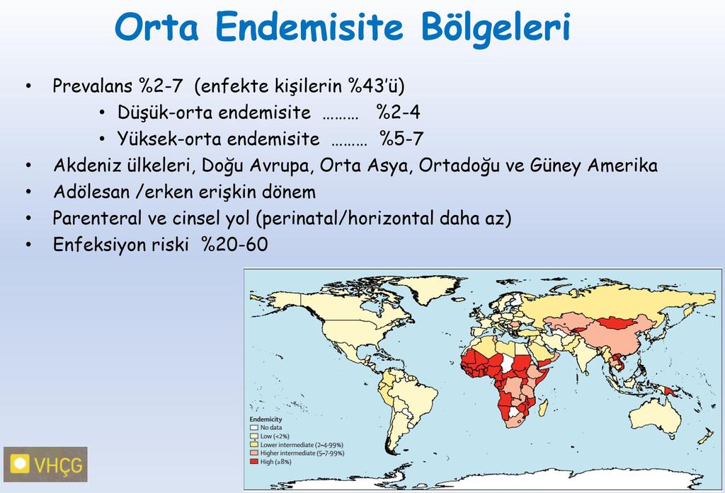 Orta Prevelans (% 2-7) olduğu bölgeler Akdeniz