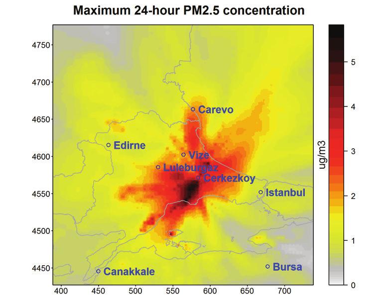 konsantrasyonu Şekil 2 Çerkezköy ve Vize kömür santrallerinin emisyonlarına atfedilebilecek tahmini 24 saatlik maksimum