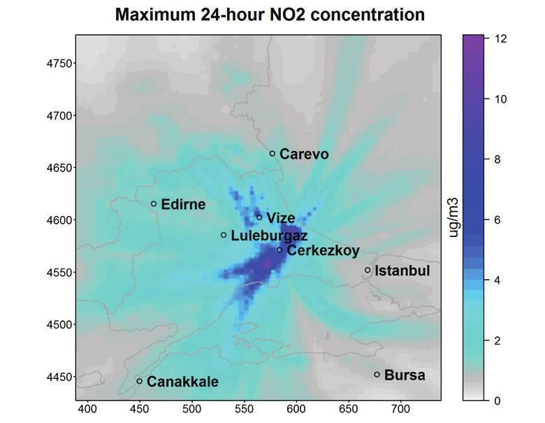 Vize kömür santrallerinin emisyonlarından kaynaklanan tahmini 24 saatlik maksimum NO 2 konsantrasyonları (μg/m3) 6