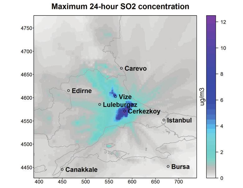 24 Saatlik maksimum SO 2 konsantrasyonu Şekil 5 Çerkezköy ve Vize kömür santrallerinin emisyonlarından kaynaklanan tahmini 24 saatlik maksimum SO 2 konsantrasyonları (μg/m3) Burada gösterilen