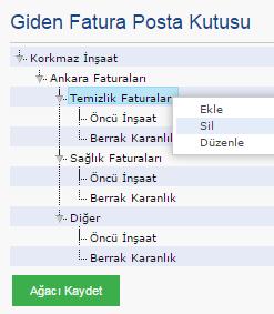 Çok sık fatura kestiğimiz satıcı şirketler Ekle düğmesi yardımıyla İsim ve TCKN/VKN alanları doldurularak posta kutusu ağacına yeni bir dal eklemek için kullanılır.