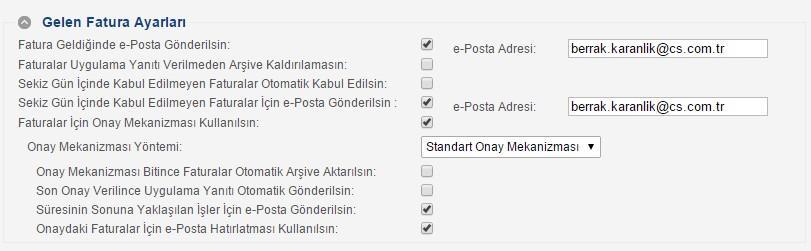 Şekil 38 Fatura Alma Gönderme Ayarları Ekranı Genel Ayarlar Ara Onaycılar Birbirine Onaya Göndersin seçeneği seçili ise gelen ve giden faturalar için birden fazla ara onaycı rolü tanımlanan kullanıcı