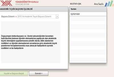 1 - Akademik Teşvik Başvuru işlemi için Akademisyen Başvuru Başlat