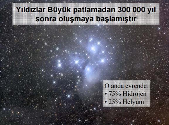 Yaklaşık 300,000 yıl sonra evren hidrojen ve helyum atomlarının tam olarak oluşması için yeterince soğudu ve fotonlar (ışığın enerji partikülleri) maddeden ayrılıp, ilk kez ışık açığa çıktı.