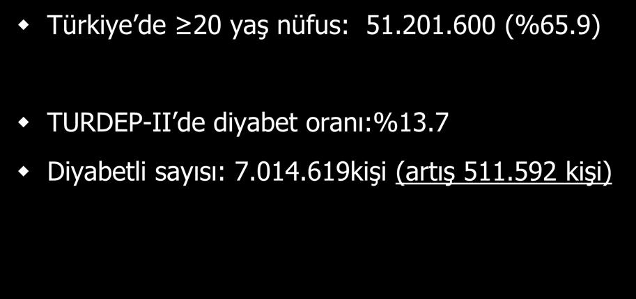 TUİK ADNKS-2014 verilerine göre Türkiye nin diyabet nüfusu ve 2009 a göre değişim Türkiye de 20 yaş nüfus: 51.201.600 (%65.