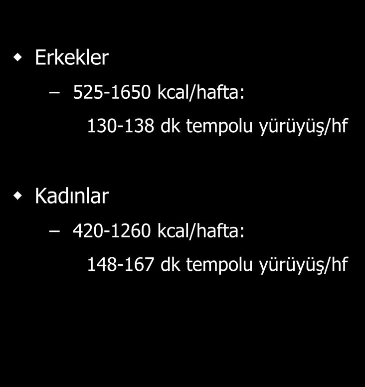 Orta Yüksek Düzey Form İçin Gerekli Olan Fiziksel Aktivite Erkekler 525-1650 kcal/hafta: 130-138 dk tempolu