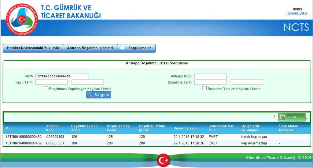 Sorgu sonuçları butonu ile Excel e atılabilecektir. 2. TIR Karnesi Kapsamında Yapılan İşlemler: 2.