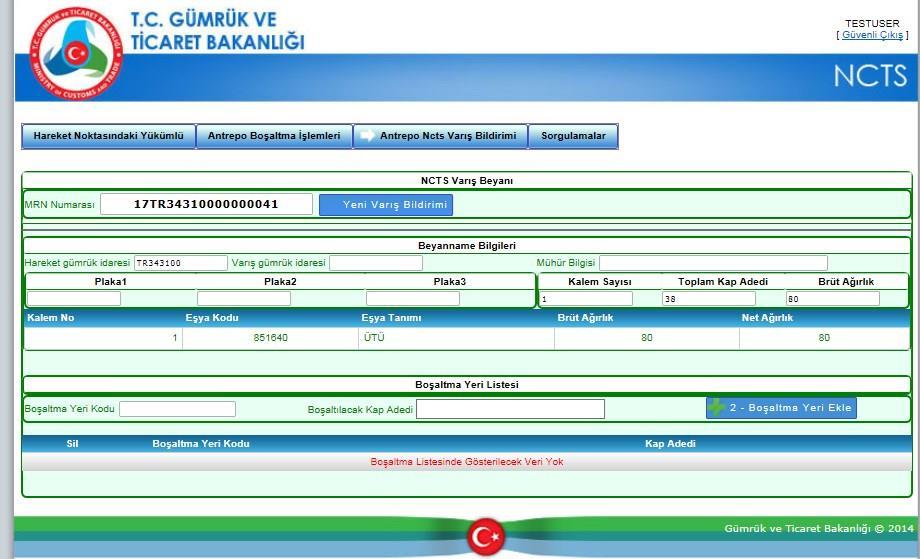 YGM tarafından, Antrepo Ncts Varış Bildirimi sekmesinde MRN girilerek yer alan 1Beyanneme Bilgilerini Göster butonu ile REL-TRA statüdeki