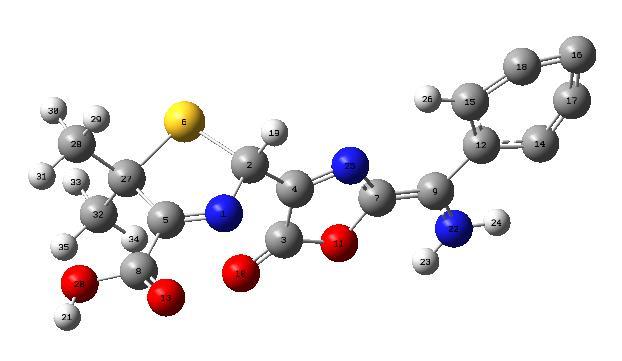 Şekil 6.4: Ampicilin'in DFT yöntemiyle elde edilen optimum geometrisi Elektronegatif grup olan NH 2 grubunun kopması sonucu ortaya çıkan penisilin G molekülü fragman 2(F2) olarak adlandırılmıştır.