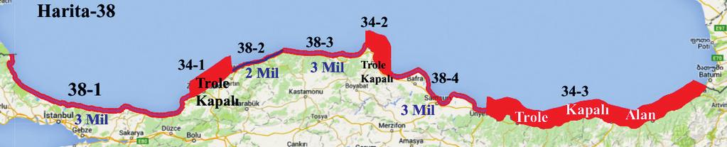 072 N - 33 20.459 E) arasında 2 mil içerisinde (Harita-38-2), c) Kerempe Burnu ile Sinop İnceburun (42 05.959 N - 34 56.