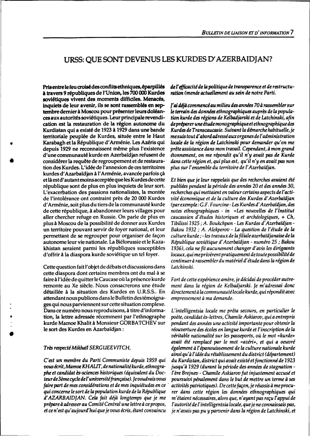 BULLETIN DE UA/SON ET D'INFORMATION 7 URSS: QUE SONT DEVENUS LES KURDES D'AZERBAIDJAN?