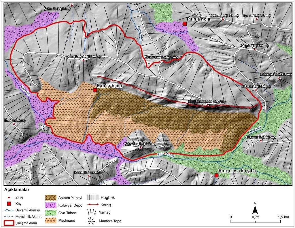 Yeni Bir Jeoturizm Sahası: Emirhan Kayalıkları (Sivas) Harita 3: Araştırma sahası ve yakın çevresinin jeomorfoloji haritası Mesozoyik sonu ve Tersiyer de (üçüncü zaman) sahada çökelen kırmızı