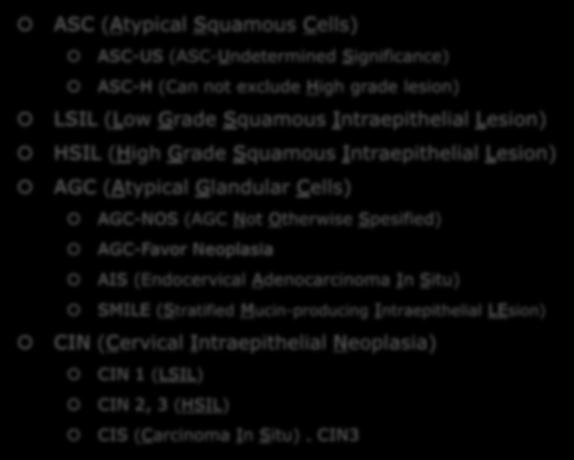 Tanımlar ASC (Atypical Squamous Cells) ASC-US (ASC-Undetermined Significance) ASC-H (Can not exclude High grade lesion) LSIL (Low Grade Squamous Intraepithelial Lesion) HSIL (High Grade Squamous
