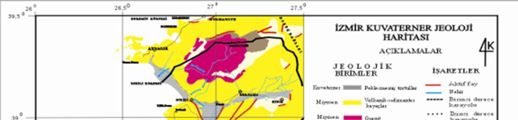 4 Şekil 2.1 İzmir Jeoloji Haritası (M.T.A., 2002). Bölgenin kuzeybatı ve güneydoğusunda İzmir flişi görülür.