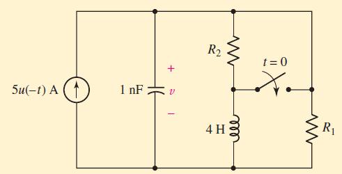 ÖRNEK 95 (1) t>0 için devrenin kritik sönümlü yanıt ile nitelenebilmesi için R 1 direncini ve v(0)=2v olması için R 2 direncini seçiniz t=0 anında akım kaynağı aktiftir