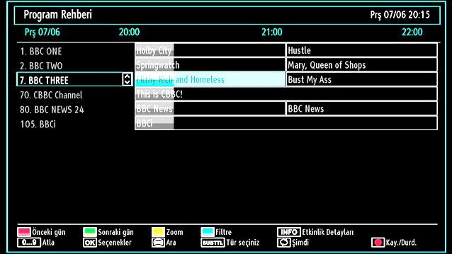 Lütfen olay bilgilerinin otomatik olarak güncellendiğini unutmayınız. Kanallarda program bilgi verilerinin bulunmaması halinde, EPG boş olarak görüntülenir.