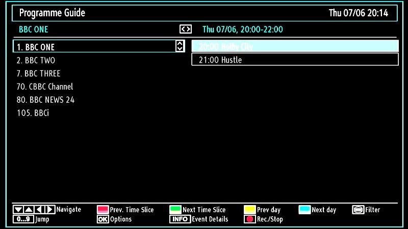 If there is no event information data available for channels, the EPG will be displayed with blanks. Yellow button (Prev Day): Displays the programmes of previous day.
