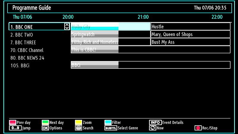 OK (Options): views/records or sets timer for future programs. Text button (Filter): Views filtering options. INFO (Details): Displays the programmes in detail.