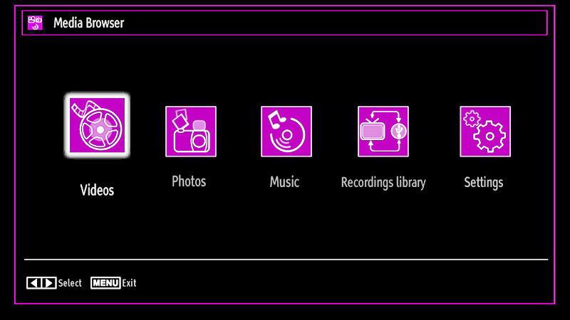 You can play music, picture and video files from the connected USB memory stick. Use or button to select Videos, Photos, Music, Recordings library or Settings.
