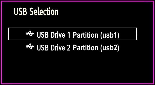 The first USB device connected to the TV will be named as USB Drive1. The information banner gives information on the channel selected and the programmes on it.