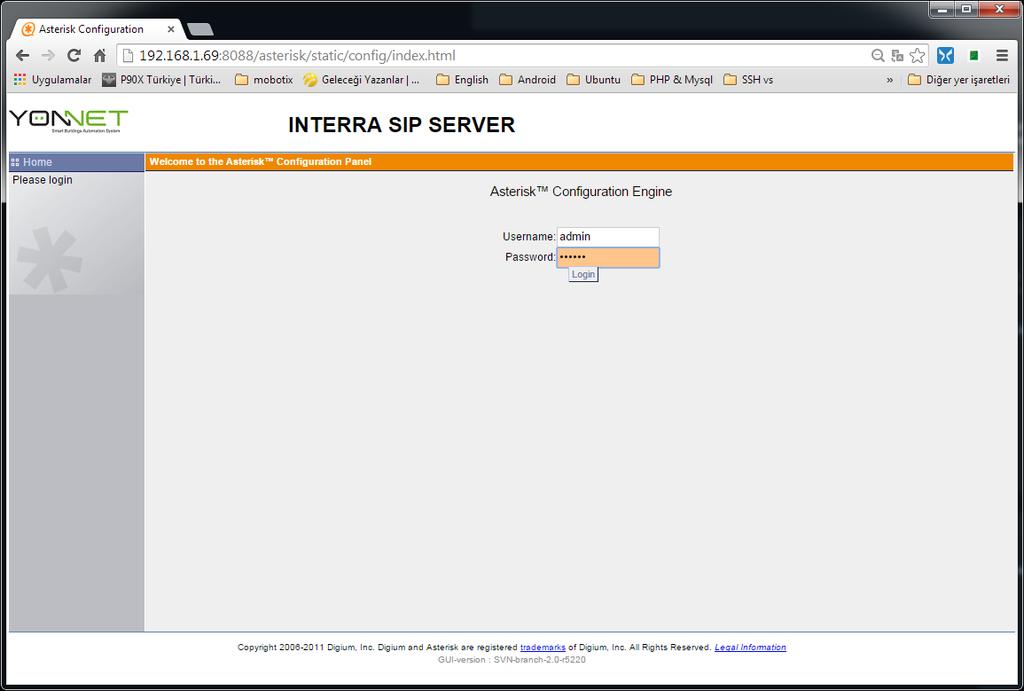 1 KULLANICI GİRİŞİ Interra Sip Server a giriş yapabilmek için server ın ipsinin yazılması yeterlidir.