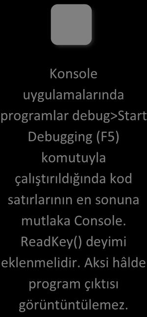 Şekil 4.2. Örnek Program_1 e ait ekran çıktısı Bu uygulamada; Konsole uygulamalarında programlar debug>start Debugging (F5) komutuyla çalıştırıldığında kod satırlarının en sonuna mutlaka Console.