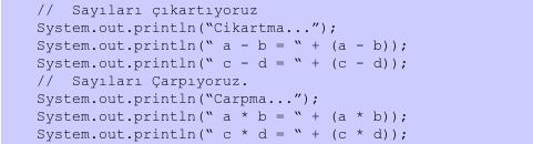 Aritmetik Operatörler Uygulamanın sonucu Cikartma.